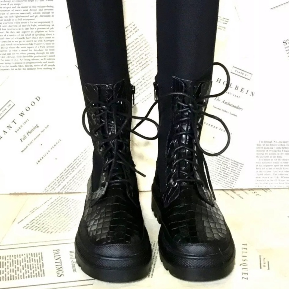 Free People Shoreditch Over Knee Combat Boot Leather Croc Tight Stretch 38/8